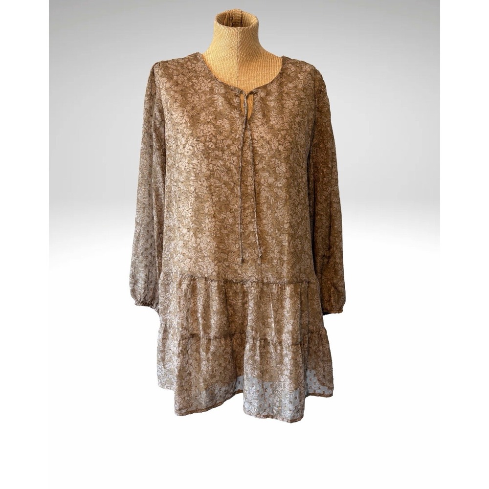Cal Style Floral Mini Dress Women Brown Tan Long Sleeve Flowy Fall Boho Sz XL